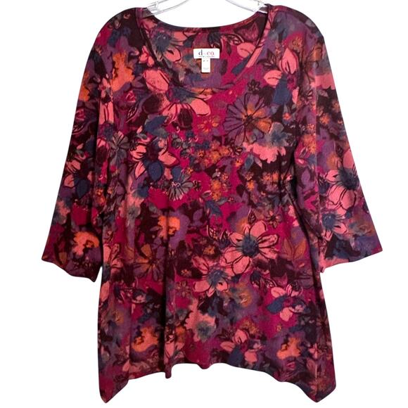 Denim & Co Floral Soft Knit Tunic Womens XL Magenta Pink Multicolor Casual Top - Picture 2 of 8